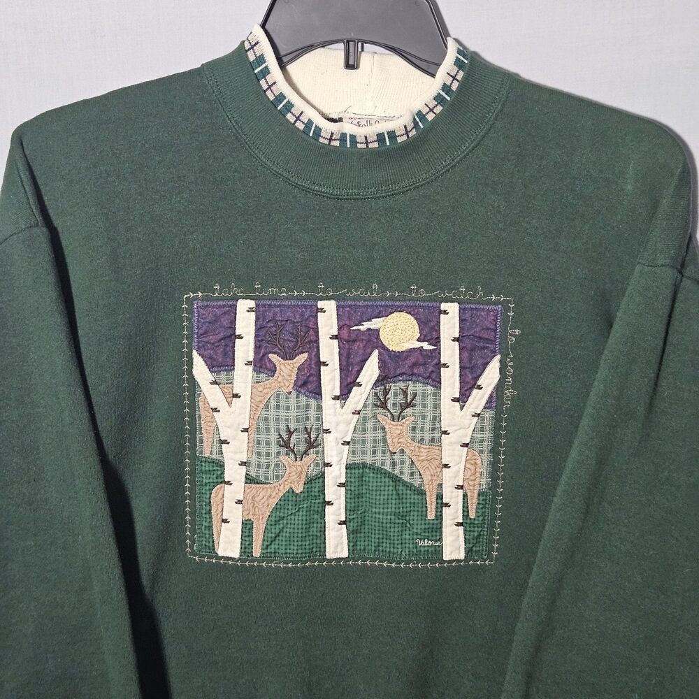VTG Valorie Folk Art Applique Sweatshirt USA Crewneck Womens L Green Quilted